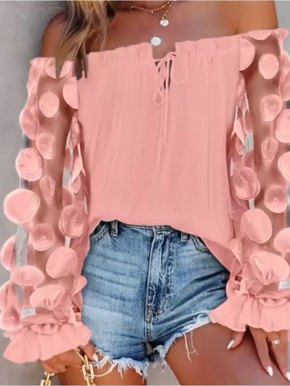 Free People Blush Pink Off-Shoulder Dot-Sleeve Blouse